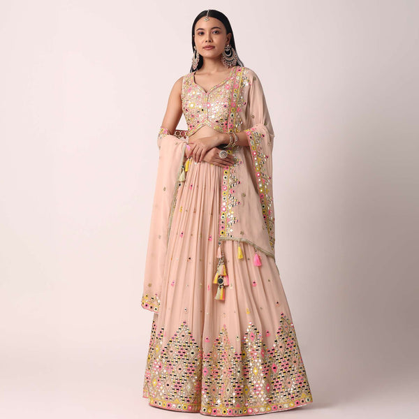 Peach Mirror Embroidered Lehenga Set