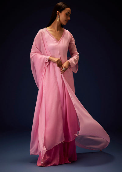 Pink Ombre Bell Sleeved Kurta With Palazzo And Dupatta