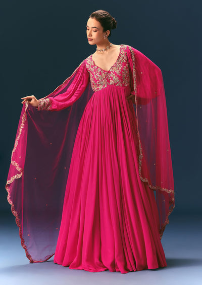 Pink Raw Silk Thread Embroidered Anarkali With Balloon Sleeves And Embroidered Dupatta