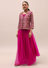Pink Silk Embroidered Crop Top And Palazzo Set