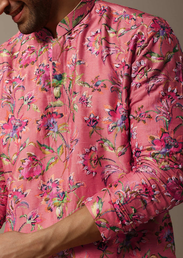 Pink Silk Kurta Set With Intricate Floral Handwork