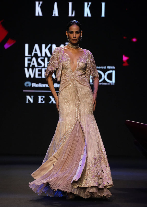 Pink Tissue Cutdana Fishcut Lehenga With Cape And Jacket