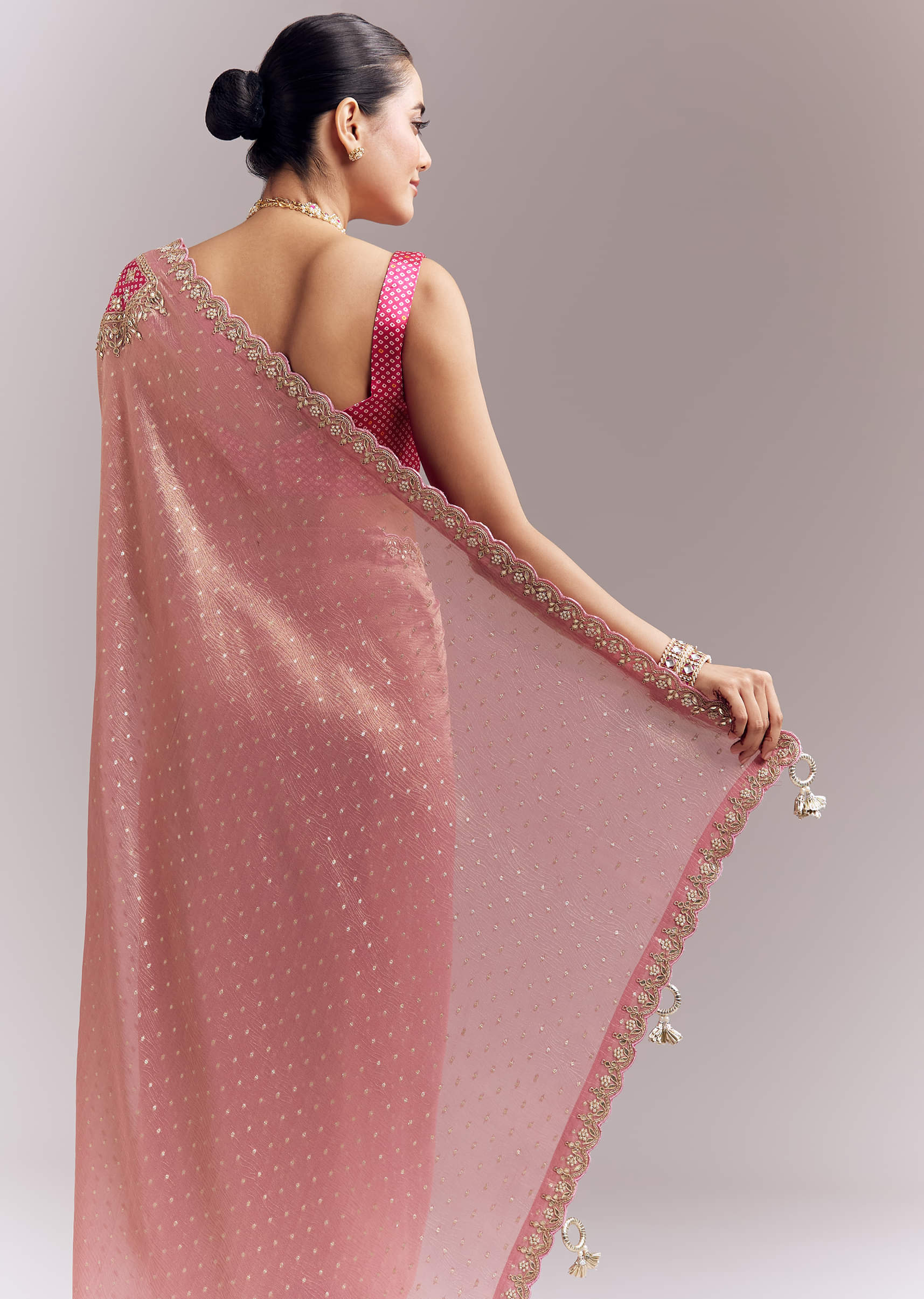 Pink Tissue Silk Saree With Delicate Hand Embroidery