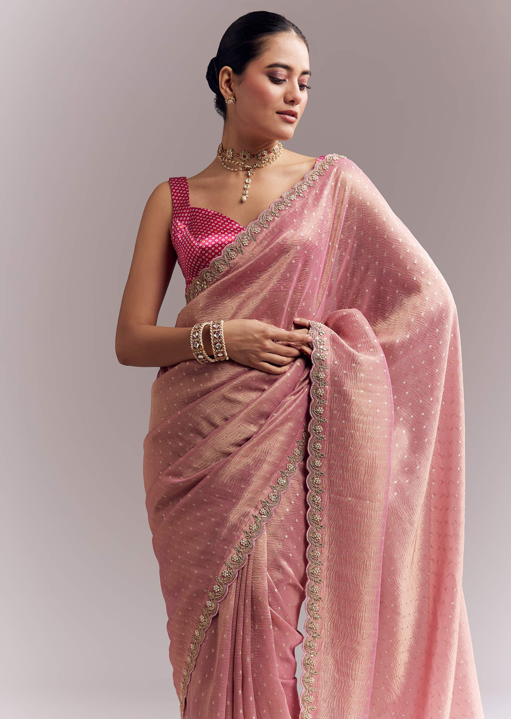 Pink Tissue Silk Saree With Delicate Hand Embroidery