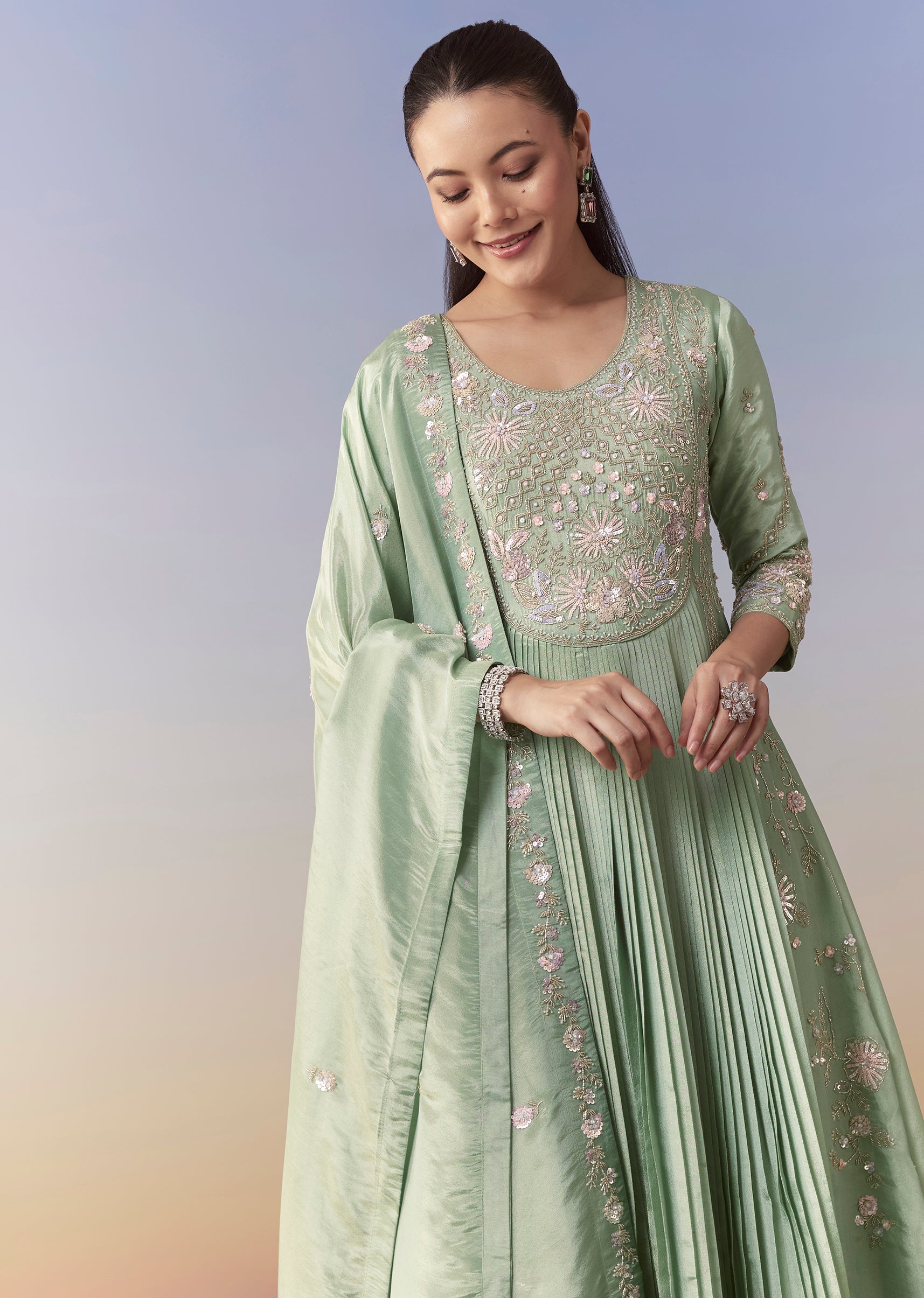 Pista Green Anarkali Set with Front Pleats Pista Green Anarkali Set with Front Pleats