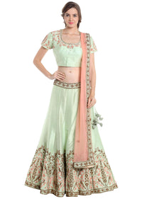 Pista green and pink lehenga choli with resham and zardosi work only on Kalki