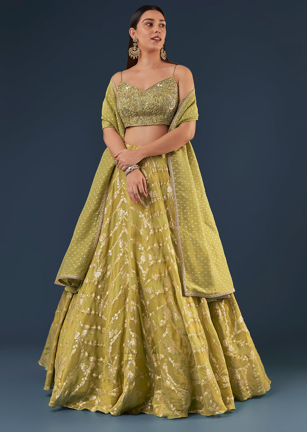 Pista Green Banarasi Silk Lehenga Set With Sequin Bead Detailing