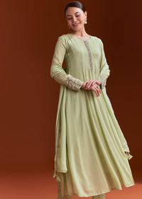 Pista Green Chinon Anarkali Suit With Beads And Stone Work