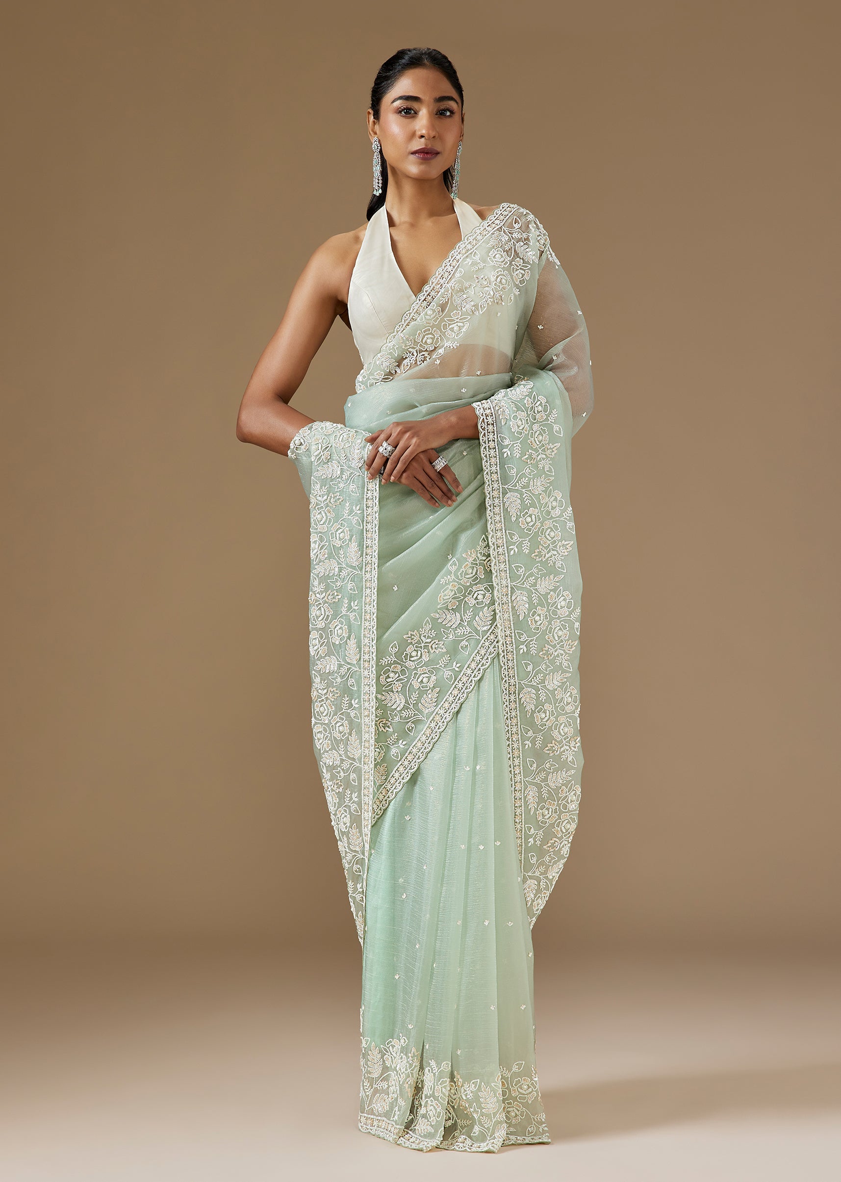 Pista Green Crush Tissue Saree With Bead And Sequin Embroidered Border