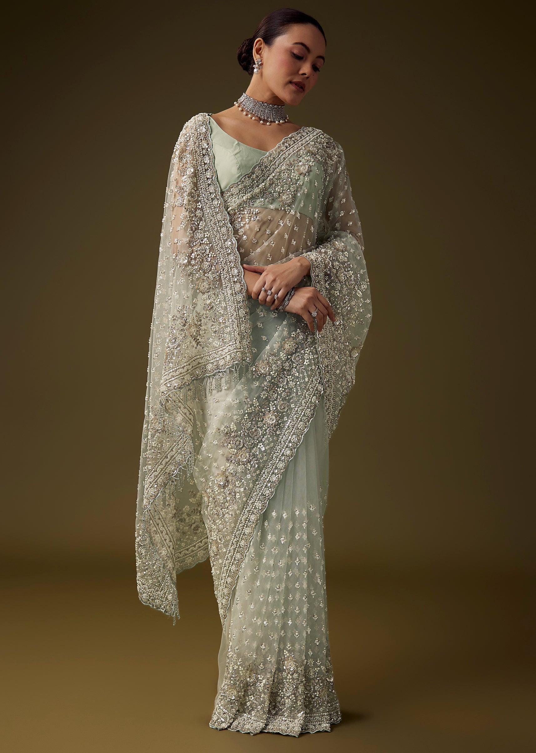 Pista Green Cutdana Work Saree with Unstitched Blouse