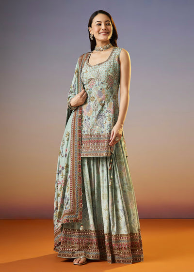 Pista Green Floral Printed Crepe Palazzo Suit With Dupatta