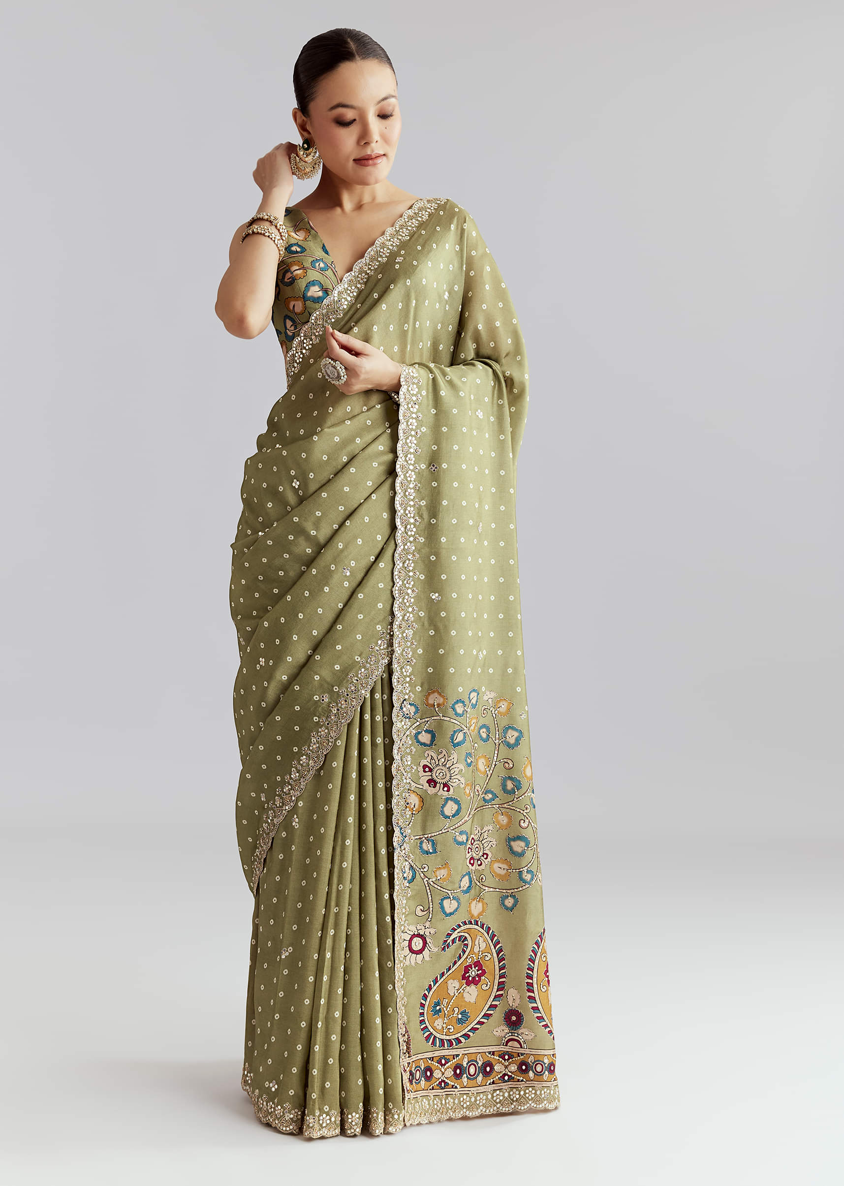 Pista Green Muslin Embroidered Saree With Heavy Hand Embroidery