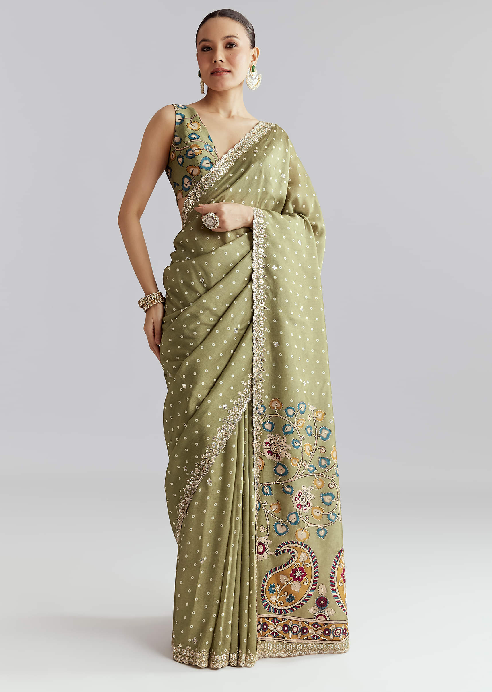 Pista Green Muslin Embroidered Saree With Heavy Hand Embroidery