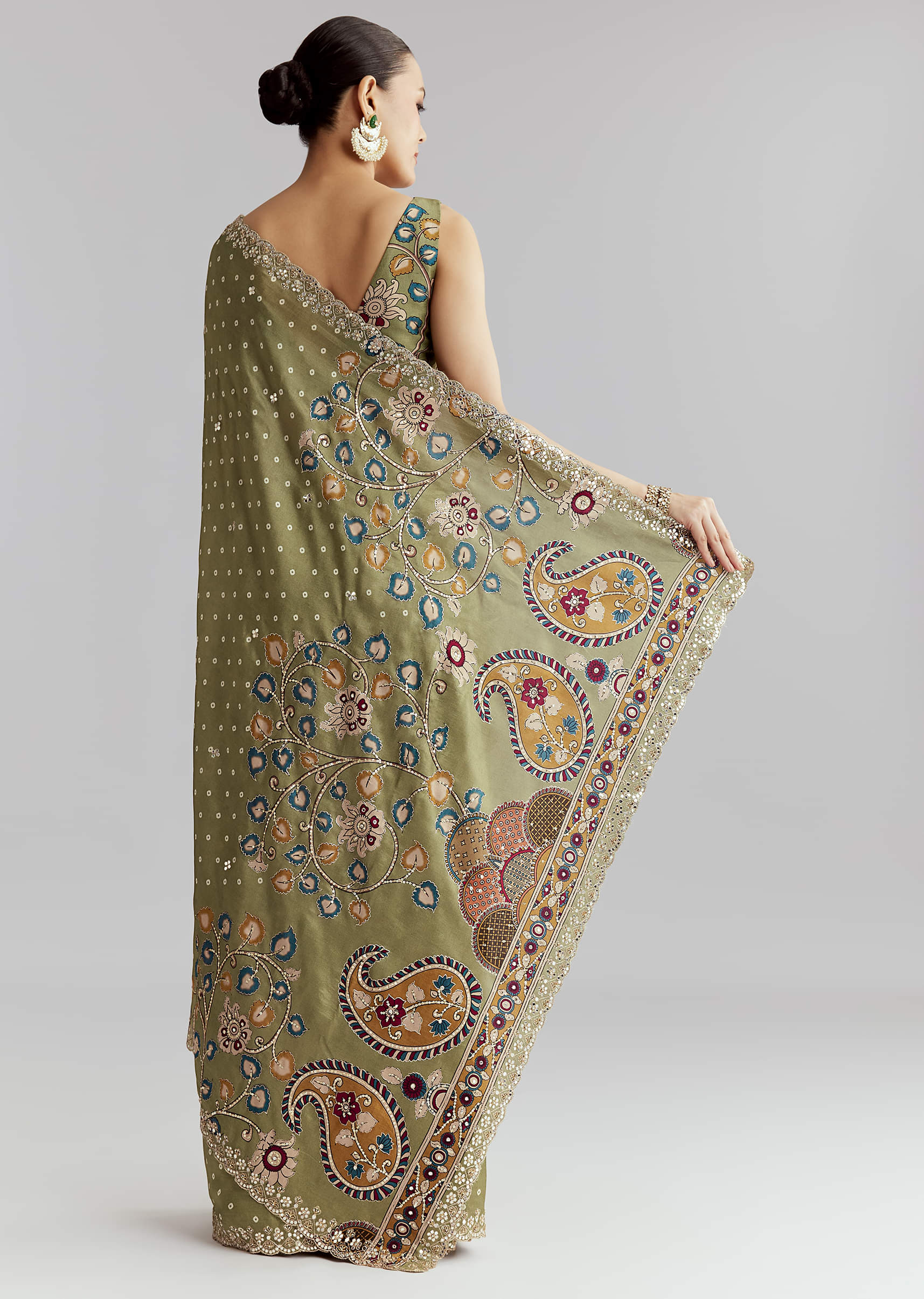 Pista Green Muslin Embroidered Saree With Heavy Hand Embroidery