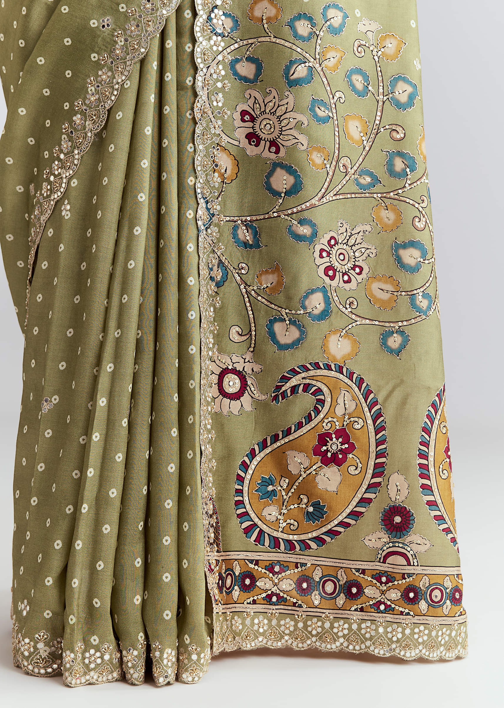 Pista Green Muslin Embroidered Saree With Heavy Hand Embroidery