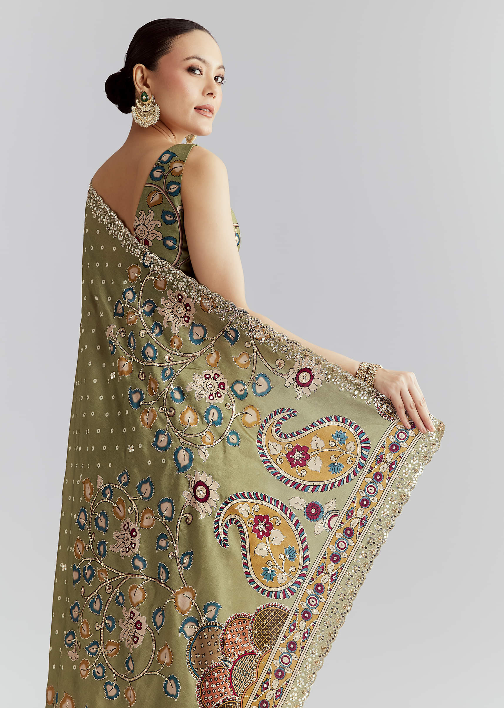 Pista Green Muslin Embroidered Saree With Heavy Hand Embroidery