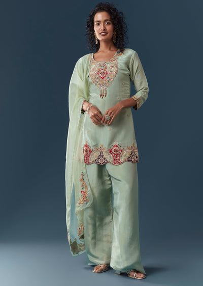 Pista Green Tissue Kurta Pant Set With Dupatta