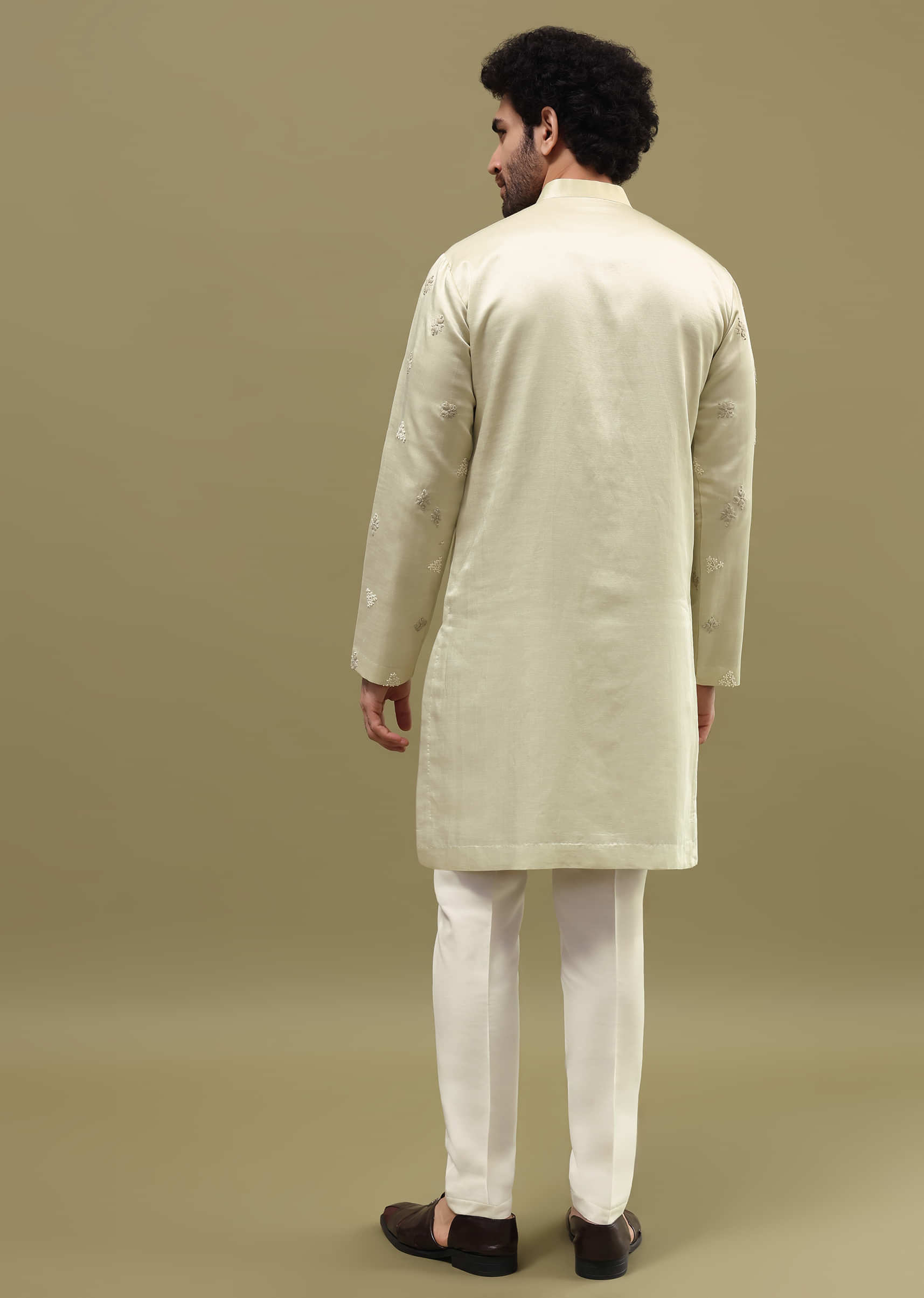 Pista green bud embroidered silk kurta set for men