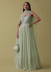 Pista Green Georgette Anarkali Set With Mirror And Abla Work
