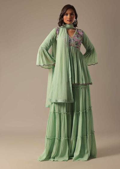 Pista Green Georgette Sharara Set With Peplum Top And Dupatta