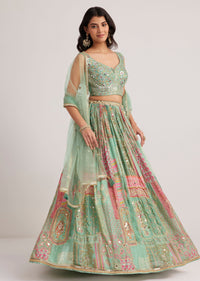 Pista Green Mirror And Zari Embroidered Lehenga Set
