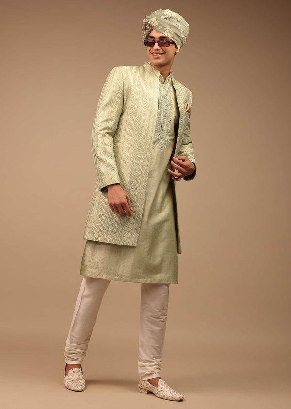 Pista Green Sherwani With Intricate Resham And Mirror Work