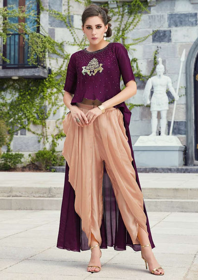 Plum High Low Top Matched With Peach Dhoti Pants Online - Kalki Fashion