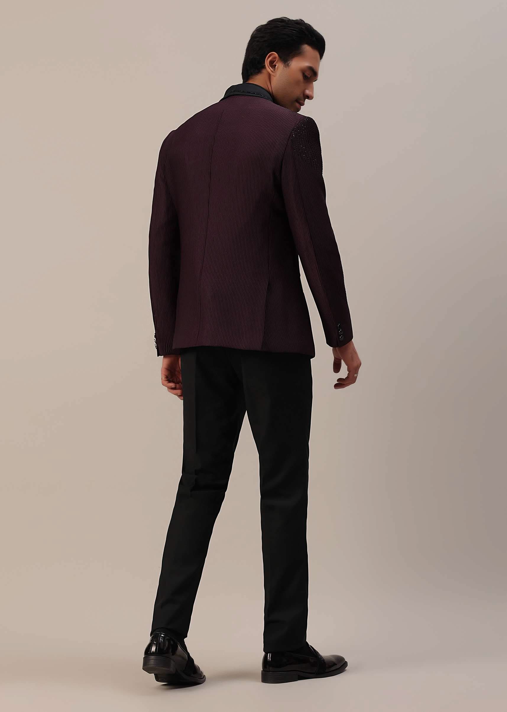 Plum Purple Stone Studded Tuxedo Set In Polyester| KALKI Fashion USA Plum Purple Stone Studded Tuxedo Set In Polyester| KALKI Fashion USA