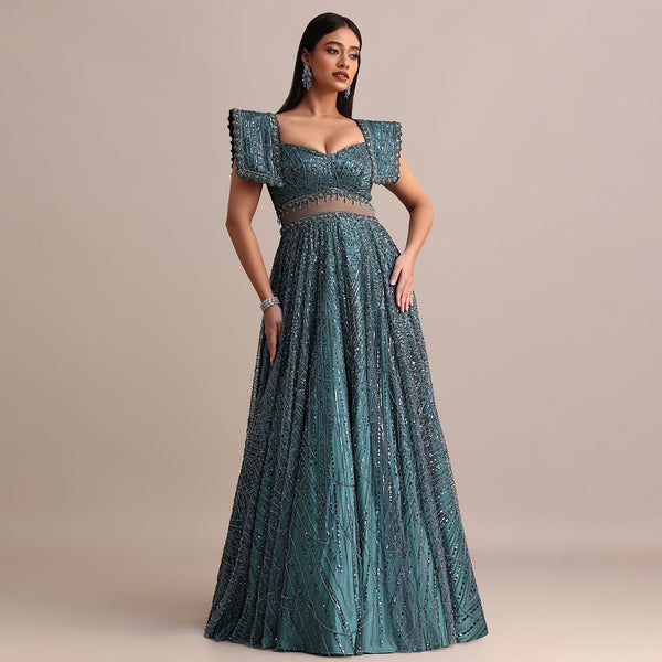 Poseidon Teal Circular Flared Gown With Fancy Sleeves