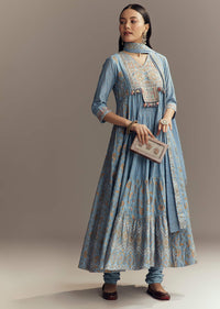 Powder Blue Chanderi Printed Anarkali Suit With Resham Work
