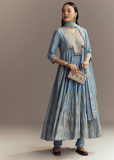 Powder Blue Chanderi Printed Anarkali Suit With Resham Work