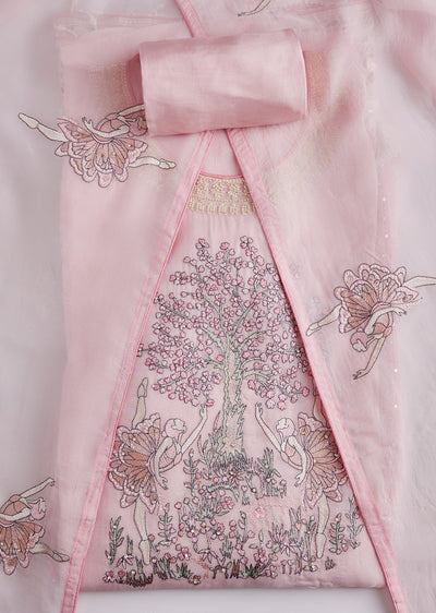 Powder Pink Embroidered Cotton Unstitched Suit Set With Dupatta