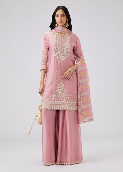 Powder Pink Cutdana Embroidered Palazzo Suit WIth Dupatta