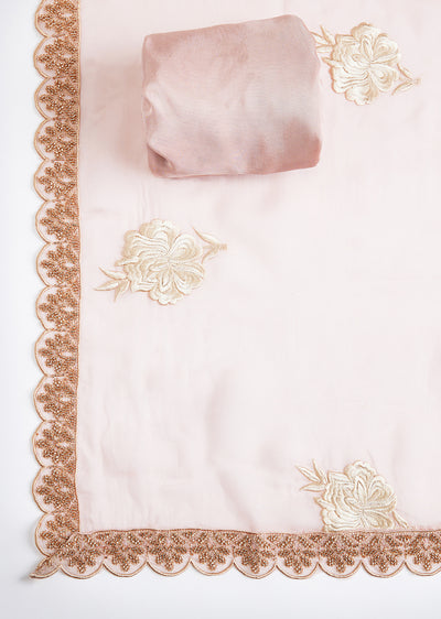 Powder Pink Organza Dress Material With Resham And Bead Embroidery