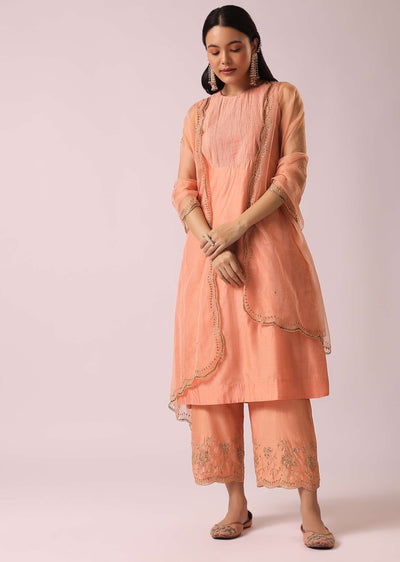 Powder Peach Chanderi Kurta And Pant Set