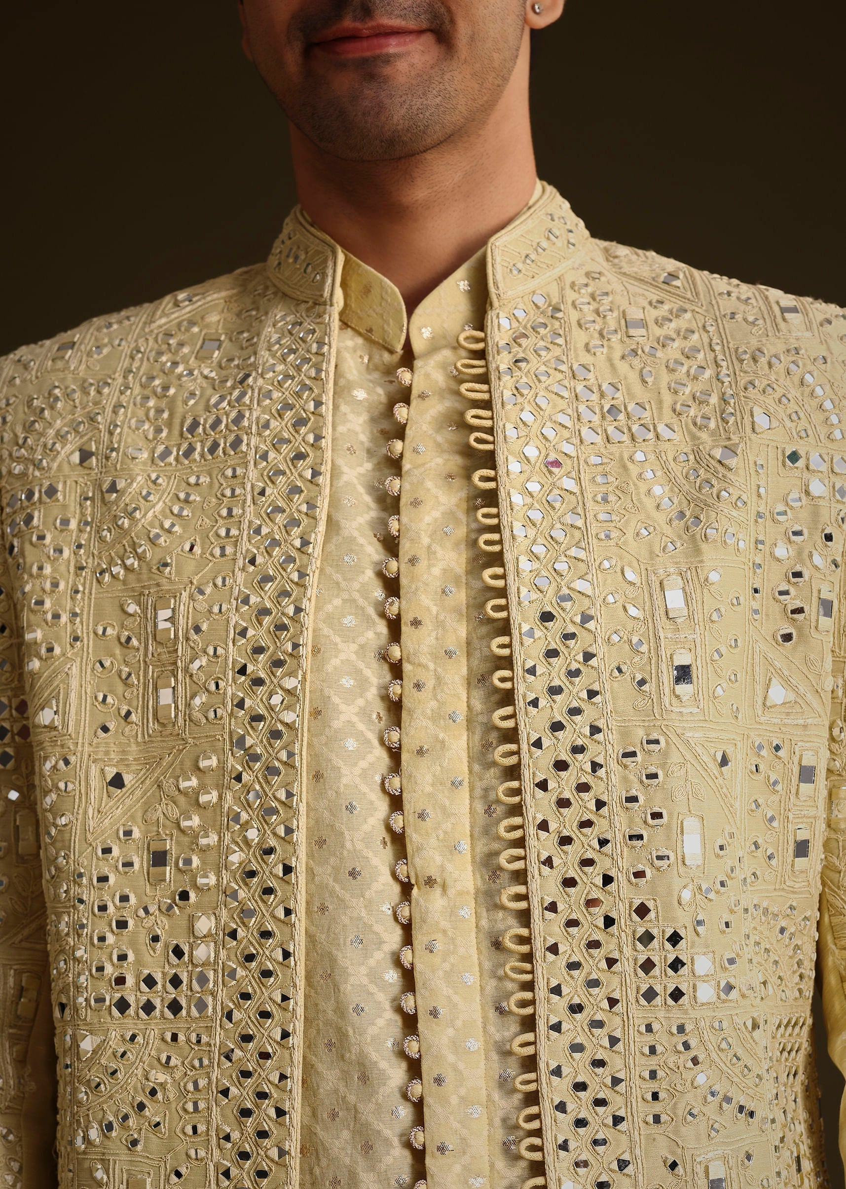 Powder Yellow Silk Mirror Work Indo Jacket Set