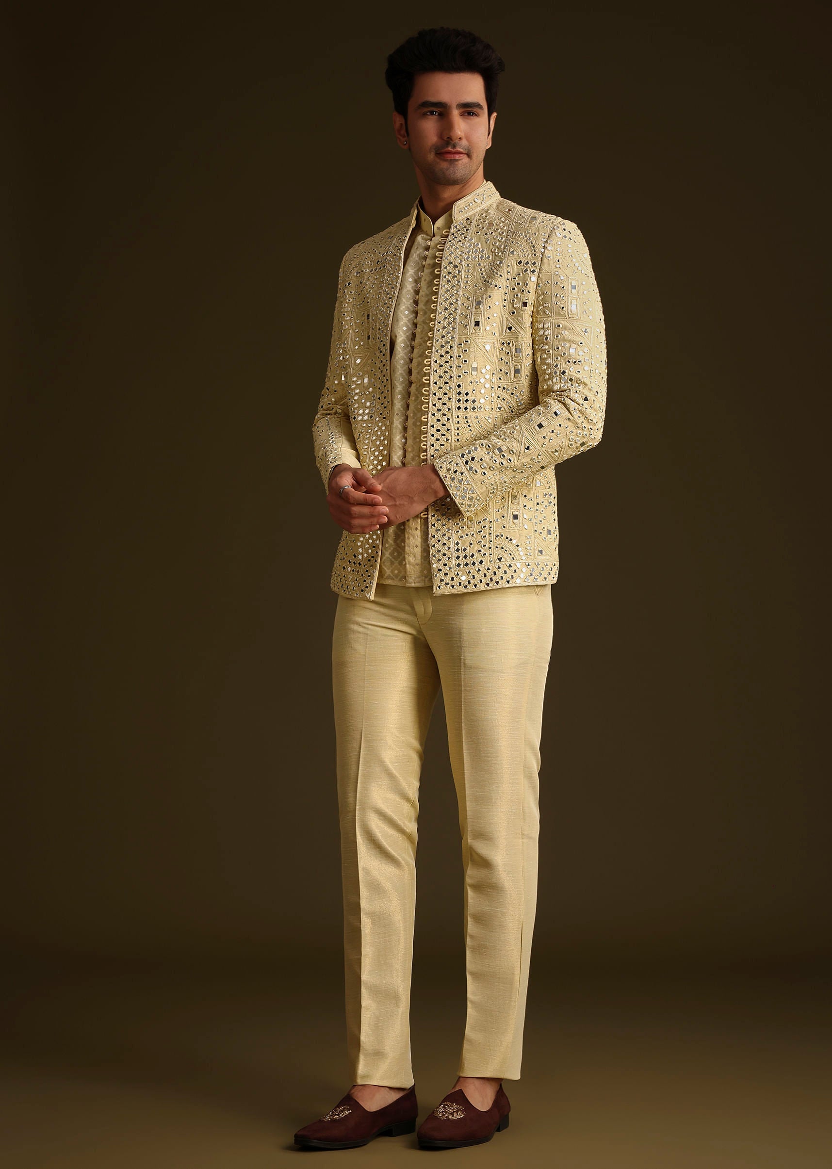 Powder Yellow Silk Mirror Work Indo Jacket Set