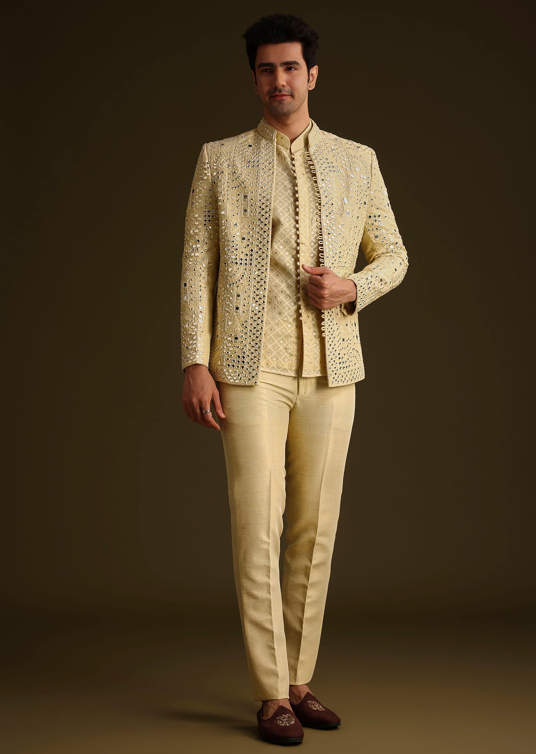 Powder Yellow Silk Mirror Work Indo Jacket Set