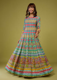 Turq Blue Flared Anarkali Kurti In Silk With Multicolor Print