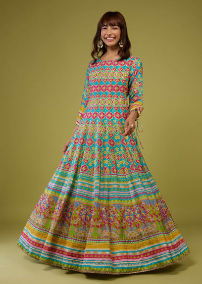 Turq Blue Flared Anarkali Kurti In Silk With Multicolor Print