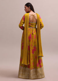 Printed Yellow Gotta Patti Embroidered Anarkali Set With Pants And Dupatta