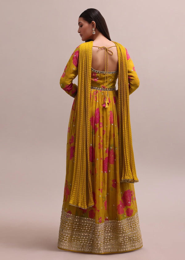 Printed Yellow Gotta Patti Embroidered Anarkali Set With Pants And Dupatta