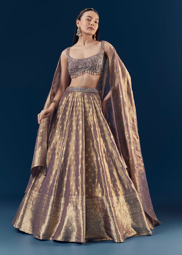 Purple Banarasi Silk Kali Lehenga Set with Hand Embroidery