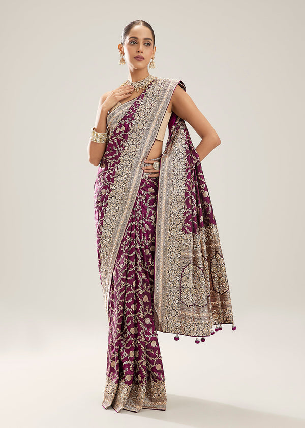 Purple Banarasi Silk Saree With Heavy Zardosi Jaal Work