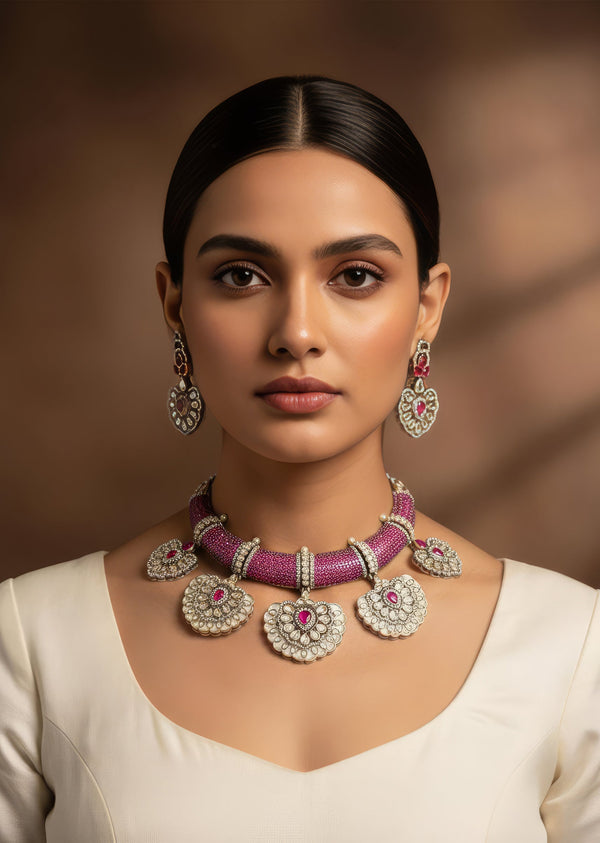 Purple Beaded Kundan Style Necklace And Earring Set