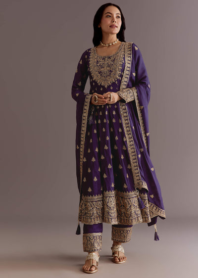 Purple Chinon Anarkali Dupatta Suit With Sequin Work