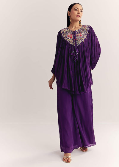 Purple Chinon Kaftan Kurta Set With Zardosi And Thread Work