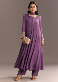 Purple Chinon Kurta With Zardosi Sleeves And Butti Dupatta