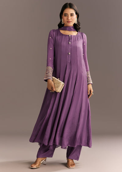 Purple Chinon Kurta With Zardosi Sleeves And Butti Dupatta