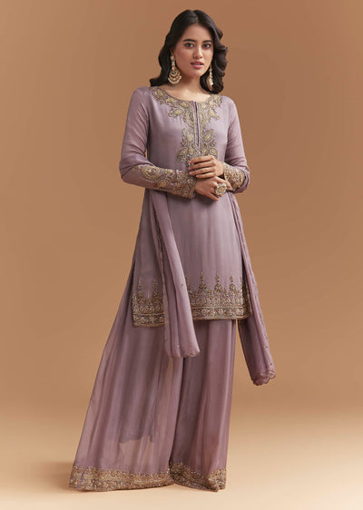 Purple Chinon Palazzo Suit With Moti And Cutdana Embroidery
